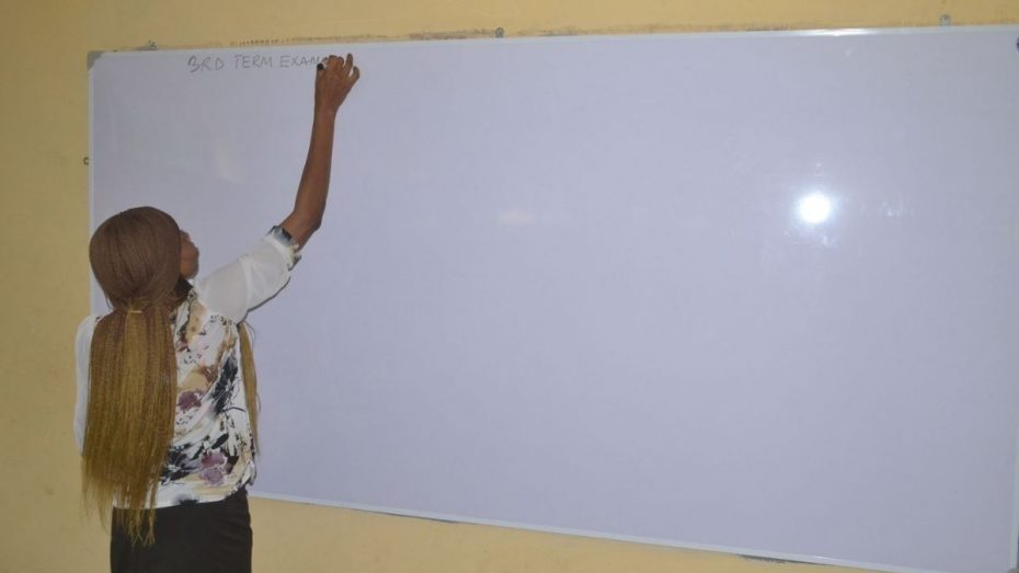 Teacher writing on a whiteboard. AZONETA is empowering educators through the initiative.
